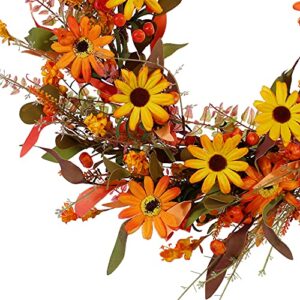 Fall Front Door Wreath,20” Artificial Floral Wreath with Orange Daisies and Foliage,Autumn Wreath with Small Pumpkin and Berry for Home Wall Window and Thanksgiving Decor-Beautiful Gift Box Included
