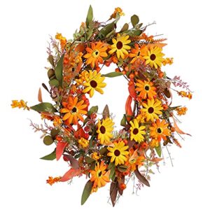 Fall Front Door Wreath,20” Artificial Floral Wreath with Orange Daisies and Foliage,Autumn Wreath with Small Pumpkin and Berry for Home Wall Window and Thanksgiving Decor-Beautiful Gift Box Included