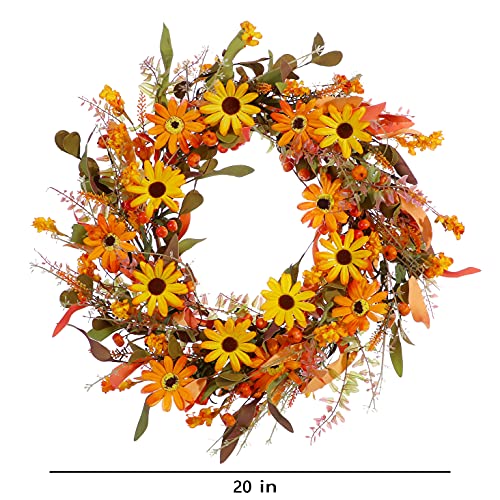 Fall Front Door Wreath,20” Artificial Floral Wreath with Orange Daisies and Foliage,Autumn Wreath with Small Pumpkin and Berry for Home Wall Window and Thanksgiving Decor-Beautiful Gift Box Included