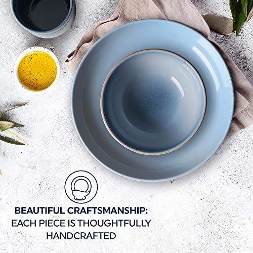 Corelle Stoneware 16-Pc Dinnerware Set, Handcrafted Artisanal Double Bead Plates, Meal Bowls, Bowls and Tumblers, Solid and Reactive Glazes, Dining Plate Set, Nordic Blue