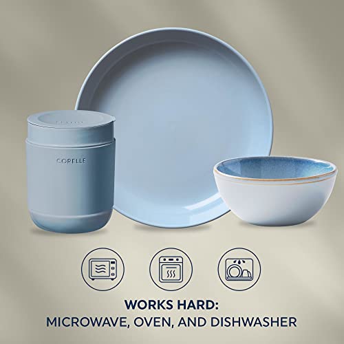 Corelle Stoneware 16-Pc Dinnerware Set, Handcrafted Artisanal Double Bead Plates, Meal Bowls, Bowls and Tumblers, Solid and Reactive Glazes, Dining Plate Set, Nordic Blue