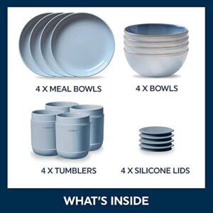 Corelle Stoneware 16-Pc Dinnerware Set, Handcrafted Artisanal Double Bead Plates, Meal Bowls, Bowls and Tumblers, Solid and Reactive Glazes, Dining Plate Set, Nordic Blue