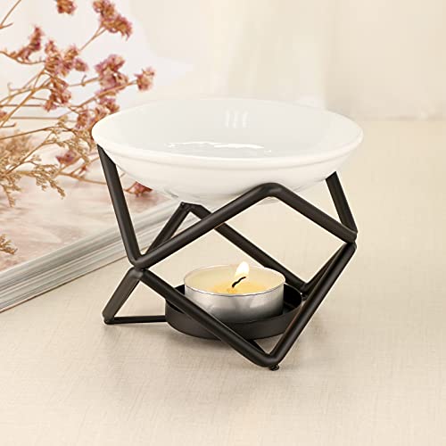 JuxYes Euro Metal Oil Burner Wax Warmer, Delicate Romantic Ceramic Tealight Candle Holder Oil Burner, Fragrance Warmer Aromatherapy Wax Candle Tart Burner Warmer Diffuser for Home Bedroom Décor