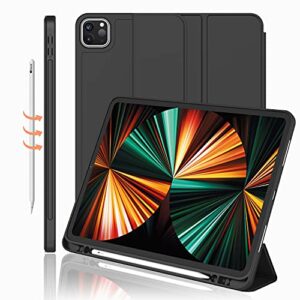 imieet new ipad pro 12.9 case 2022(6th gen)/2021(5th gen) with pencil holder [support ipad 2nd pencil charging/pair],trifold stand smart case with soft tpu back,auto wake/sleep(black)