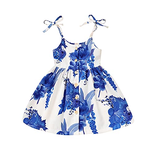 YOUNGER TREE 1-5T Toddler Kids Girls Summer Dress Sling Blue Floral Casual Dress Pattern Girls Party Dress Sleeveless (12-18 Months, Blue Flora Strap Dress, 12_Months)