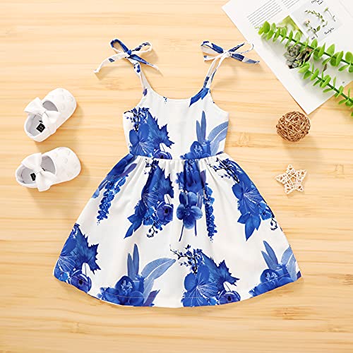 YOUNGER TREE 1-5T Toddler Kids Girls Summer Dress Sling Blue Floral Casual Dress Pattern Girls Party Dress Sleeveless (12-18 Months, Blue Flora Strap Dress, 12_Months)