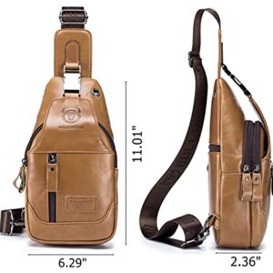 BULLCAPTAIN Genuine Leather Men's Sling Shoulder Backpack Multi-pocket Crossbody Chest Bags Travel Hiking Daypack with Earphone Hole (Yellowish brown)