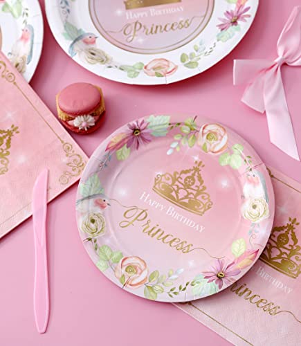 Winoo Design Princess Plates and Napkins Party Supplie - Serves 16 - Princess Birthday Decorations Includes Paper Plates Cups Napkins Cutlery Balloons Banner Tablecloth Party Favor Décor Idea