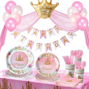 Winoo Design Princess Plates and Napkins Party Supplie - Serves 16 - Princess Birthday Decorations Includes Paper Plates Cups Napkins Cutlery Balloons Banner Tablecloth Party Favor Décor Idea