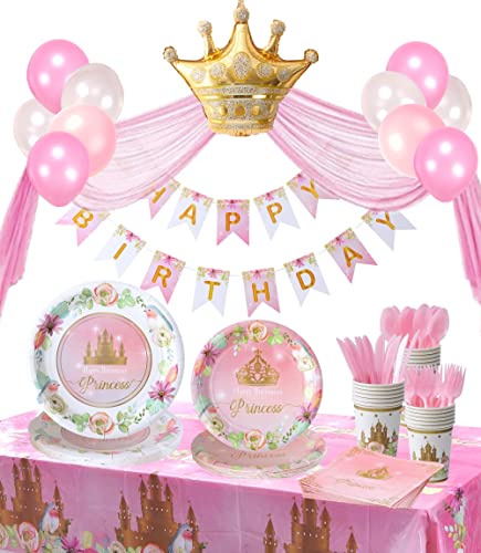 Winoo Design Princess Plates and Napkins Party Supplie - Serves 16 - Princess Birthday Decorations Includes Paper Plates Cups Napkins Cutlery Balloons Banner Tablecloth Party Favor Décor Idea