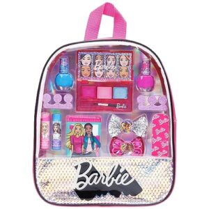 barbie - townley girl 15 pcs makeup filled backpack cosmetic gift set with mirror includes lip gloss, nail polish, hair bow & more! for kids girls, ages 3+ perfect for parties, sleepovers & makeovers