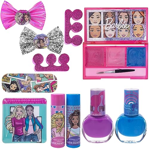 Barbie - Townley Girl 15 Pcs Makeup Filled Backpack Cosmetic Gift Set with Mirror Includes Lip Gloss, Nail Polish, Hair Bow & More! for Kids Girls, Ages 3+ Perfect for Parties, Sleepovers & Makeovers