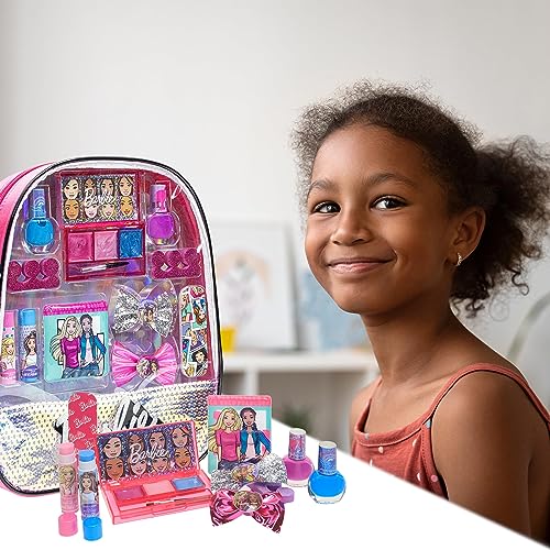 Barbie - Townley Girl 15 Pcs Makeup Filled Backpack Cosmetic Gift Set with Mirror Includes Lip Gloss, Nail Polish, Hair Bow & More! for Kids Girls, Ages 3+ Perfect for Parties, Sleepovers & Makeovers