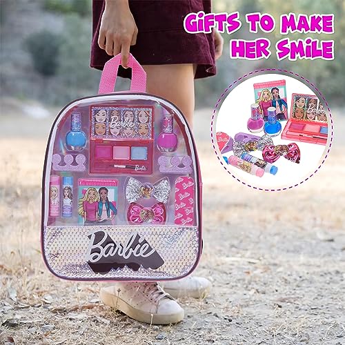 Barbie - Townley Girl 15 Pcs Makeup Filled Backpack Cosmetic Gift Set with Mirror Includes Lip Gloss, Nail Polish, Hair Bow & More! for Kids Girls, Ages 3+ Perfect for Parties, Sleepovers & Makeovers