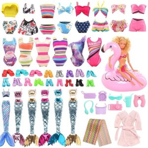 enocht 25 pcs doll clothes and accessories contain 4 different handmade swimsuit, 1 handmade bathrobe, 1 bathtowel, 16 accessories, 1 swimming ring float and 2 mermaid dress for 11.5 inch doll