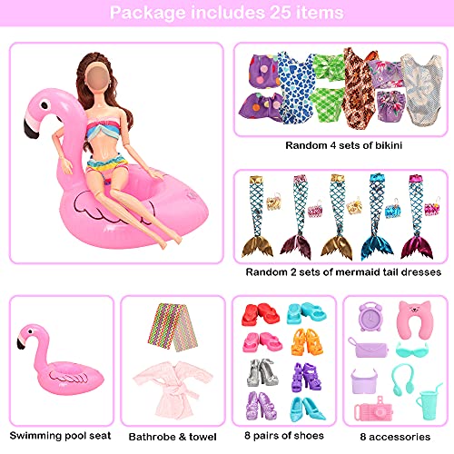 ENOCHT 25 Pcs Doll Clothes and Accessories Contain 4 Different Handmade Swimsuit, 1 Handmade Bathrobe, 1 Bathtowel, 16 Accessories, 1 Swimming Ring Float and 2 Mermaid Dress for 11.5 inch Doll