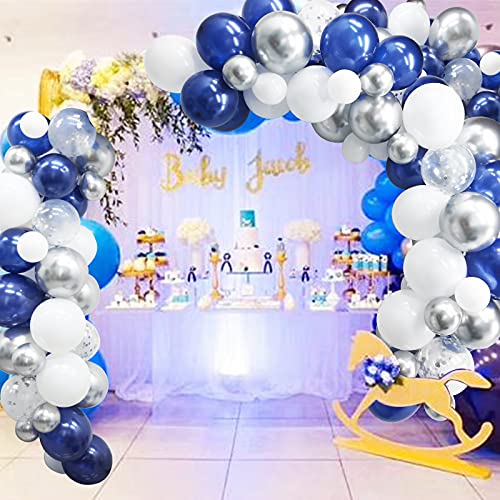 Navy Blue Silver Balloon Arch Garland Kit, 124 Pack Navy Silver White Confetti Balloons with Balloon Accessories and LED String Light for Graduation Baby Shower Wedding Birthday Party Supplies