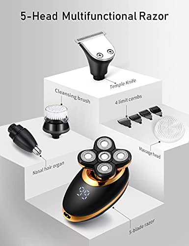 Electric Shavers for Men - 5 in 1 Bald Head Shavers for Men, 5D Floating Cordless USB Rechargeable Rotary Razor Multifunctional Grooming Kit Beard Trimmer Waterproof Wet and Dry with LED Display