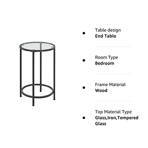 Yaheetech End Table,Round Side Table,Small Coffee Accent Table Nightstand Modern Style w/Glass Top & Metal Frame for Living Room, Balcony, Bedroom, Porch, Small Space,Black