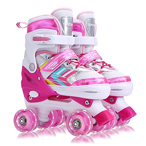 Roller Skates for Kids Girls Boys Beginners, 4 Size Adjustable Size with Light Up Wheels for Children (Pink, Medium(2-5))