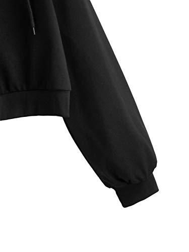 Verdusa Women's Long Sleeve Drop Shoulder Drawstring Crop Hoodie Sweatshirt Black XL