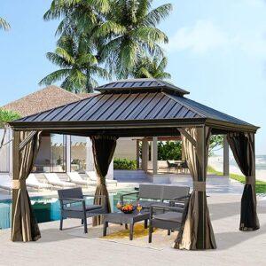 domi outdoor living 10’ x 12’ hardtop gazebo, outdoor aluminum frame canopy with galvanized steel double roof, outdoor permanent metal pavilion with curtains and netting for patio, backyard and lawn