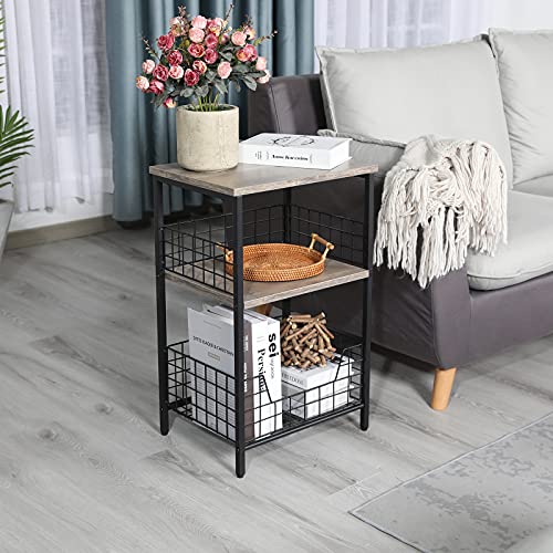 X-cosrack End Table,Industrial Retro Side Table Nightstand Storage Shelf for Living Room Bedroom Kitchen Family and Office,Stable Wood and Metal Frame, Patent Pending(Greige & Black)