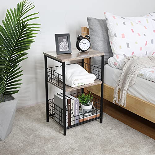 X-cosrack End Table,Industrial Retro Side Table Nightstand Storage Shelf for Living Room Bedroom Kitchen Family and Office,Stable Wood and Metal Frame, Patent Pending(Greige & Black)