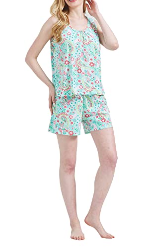 CHUNG Women's Cute Cotton Pajama Set Cartoon Tank Tee Shorts Sleepwear Summer Plus Size, GreenPaisley, Medium