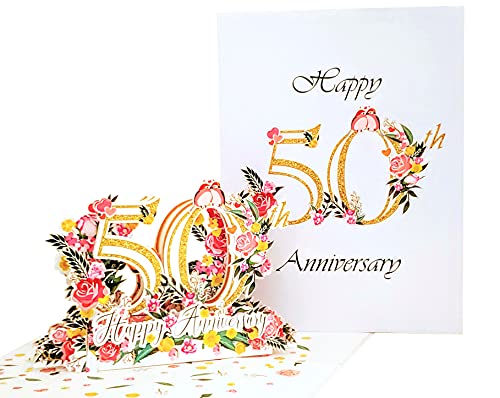 iGifts And Cards Happy 50th Milestone Anniversary 3D Pop Up Greeting Card - Marriage, Soulmates, Celebration, Being Together, Golden, Congratulations, Romantic, Lovebirds, Love and Happiness