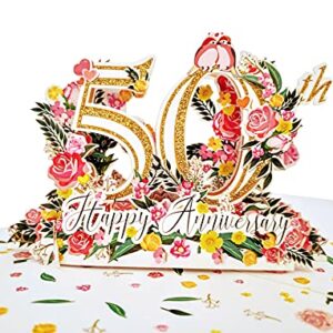 iGifts And Cards Happy 50th Milestone Anniversary 3D Pop Up Greeting Card - Marriage, Soulmates, Celebration, Being Together, Golden, Congratulations, Romantic, Lovebirds, Love and Happiness