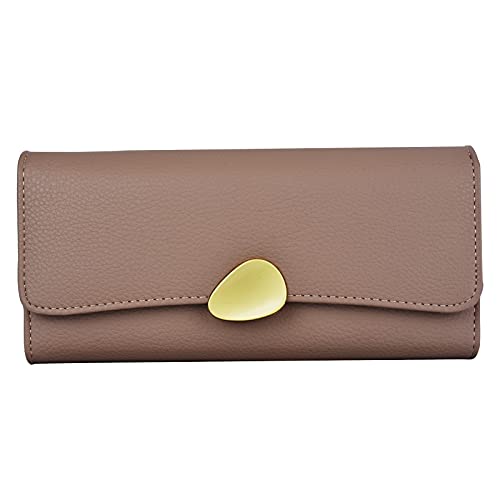 OYATON Clutch Wallets for Women, Soft Faux Leather Women Wallet with Phone Holder Zip Coin Pocket and Cute Leaf Shaped Snap Closure (Khaki)