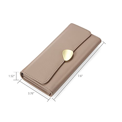 OYATON Clutch Wallets for Women, Soft Faux Leather Women Wallet with Phone Holder Zip Coin Pocket and Cute Leaf Shaped Snap Closure (Khaki)