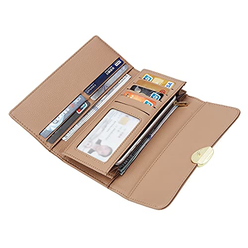 OYATON Clutch Wallets for Women, Soft Faux Leather Women Wallet with Phone Holder Zip Coin Pocket and Cute Leaf Shaped Snap Closure (Khaki)