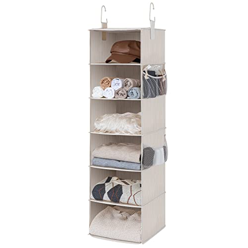 StorageWorks 6-Shelf Hanging Closet Organizer, Hanging Shelves for Closet, Fabric, Mixing of Beige, White & Ivory, 12" D x 12" W x 47 1⁄2" H