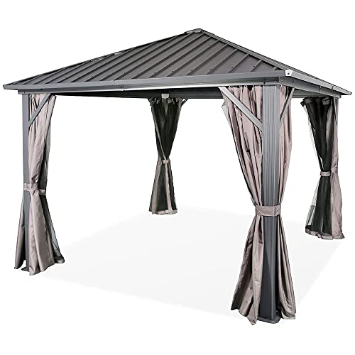 10' x 10' Hardtop Gazebo, Heavy-Duty Hardtop Non-Rust Aluminum Permanent Pergola Shelter Tent with Galvanized Steel Canopy Roof, Mosquito Netting and Privacy Curtain (Gray)