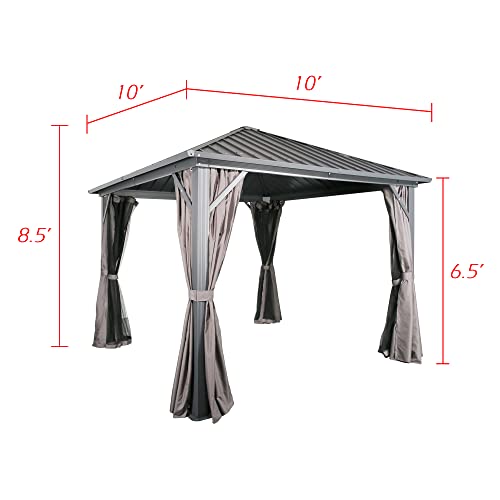 10' x 10' Hardtop Gazebo, Heavy-Duty Hardtop Non-Rust Aluminum Permanent Pergola Shelter Tent with Galvanized Steel Canopy Roof, Mosquito Netting and Privacy Curtain (Gray)