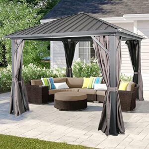 10' x 10' hardtop gazebo, heavy-duty hardtop non-rust aluminum permanent pergola shelter tent with galvanized steel canopy roof, mosquito netting and privacy curtain (gray)