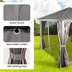 10' x 10' Hardtop Gazebo, Heavy-Duty Hardtop Non-Rust Aluminum Permanent Pergola Shelter Tent with Galvanized Steel Canopy Roof, Mosquito Netting and Privacy Curtain (Gray)