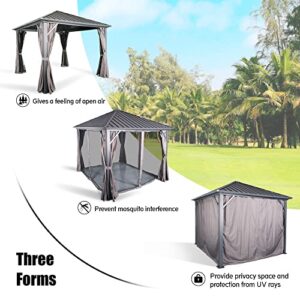 10' x 10' Hardtop Gazebo, Heavy-Duty Hardtop Non-Rust Aluminum Permanent Pergola Shelter Tent with Galvanized Steel Canopy Roof, Mosquito Netting and Privacy Curtain (Gray)