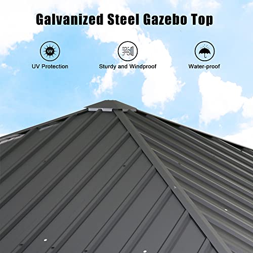 10' x 10' Hardtop Gazebo, Heavy-Duty Hardtop Non-Rust Aluminum Permanent Pergola Shelter Tent with Galvanized Steel Canopy Roof, Mosquito Netting and Privacy Curtain (Gray)