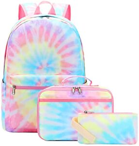 bluboon school backpack for girls teens bookbag set laptop backpack lunch box with pencil bag (tie dye pink)