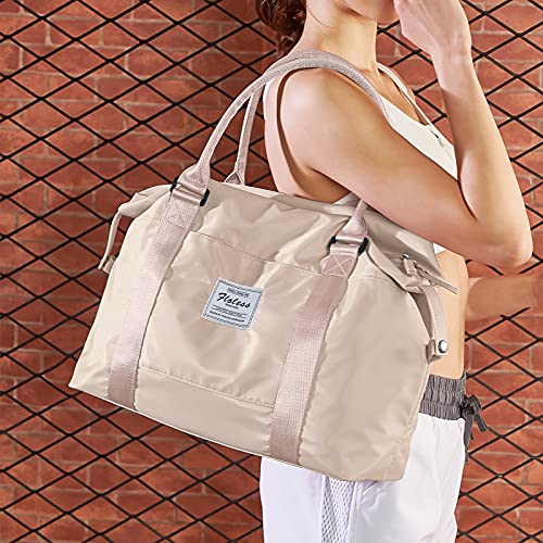 HYC00 Travel Duffel Bag, Sports Tote Gym Bag, Shoulder Weekender Overnight Bag for Women,Beige Large