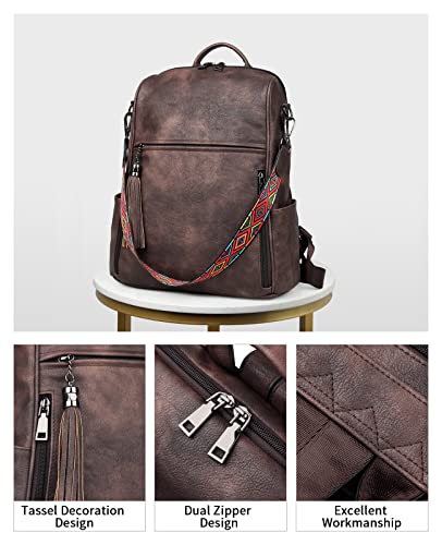 FADEON Leather Backpack Purse for Women Designer Travel Backpack Purses PU Fashion Ladies Shoulder Bag with Tassel Coffee