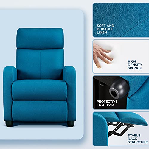 Topeakmart Fabric Recliner Sofa Push Back Recliner Chair Adjustable Modern Single Reclining Chair Upholstered Sofa with Pocket Spring Living Room Bedroom Home Theater Blue