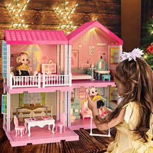 bobxin doll house for girls, dreamhouse building toy, dollhouse furniture and accessories, light up dollhouse with doll, diy cottage pretend play princess house for toddlers and kids (4 rooms)