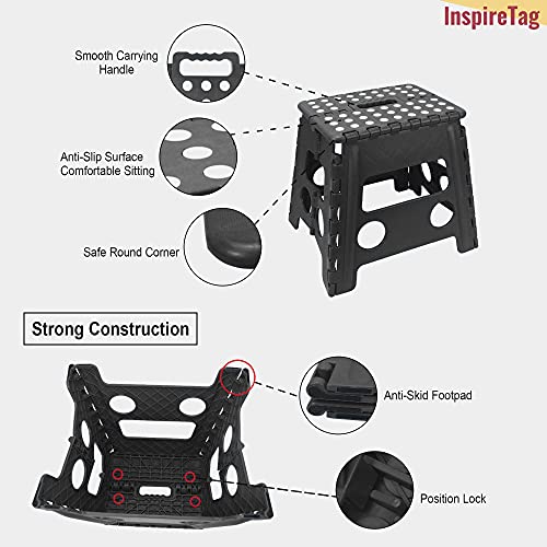 InspireTag Foldable Step Stool, Collapsible Step Stools for Adults, Foldable Step Stool for Kids, Foldable Stool, Portable Stool, Kids Step Stools, Step Stool Folding for Storage - Inky Black 9"