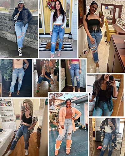 OFLUCK Women Ripped High Waisted Jeans Frayed Raw Hem Regular Fit Boyfriend Distressed Denim Pants with Hole Blue