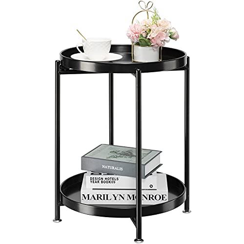 danpinera 2-Tier Round Side Table, Metal End Table with Removable Tray, Small Outdoor Table Folding Accent Table, Anti-Rust Black Nightstand for Bedroom Balcony Patio (Black)