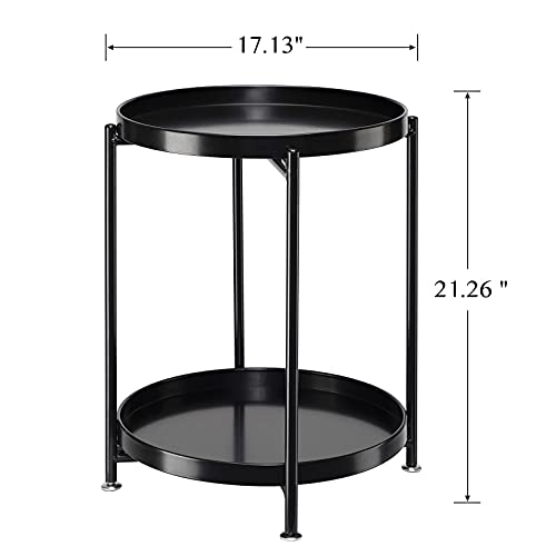 danpinera 2-Tier Round Side Table, Metal End Table with Removable Tray, Small Outdoor Table Folding Accent Table, Anti-Rust Black Nightstand for Bedroom Balcony Patio (Black)